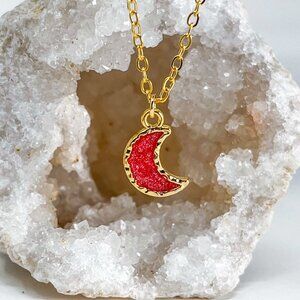 3/$20 14k Gold Red Glitter Resin Moon Charm Handmade Pendant Necklace